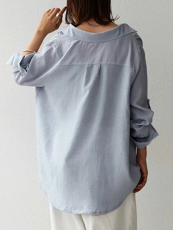 xakxx Loose Ramie Cotton Asymmetric Solid Color Blouse Top