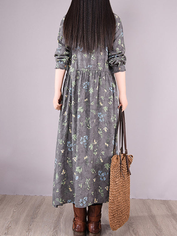 xakxx Vintage Floral Printed Ramie Cotton Loose Midi Dress