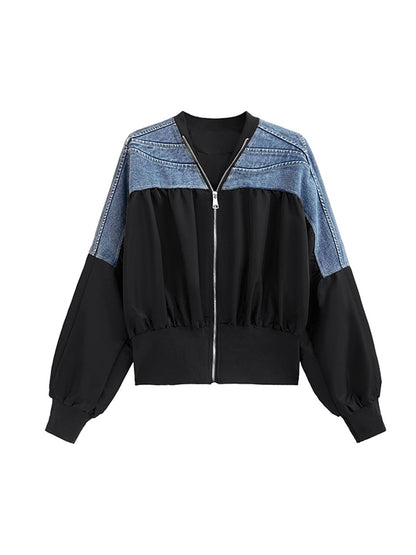 xakxx Long Sleeves Loose Pleated Split-Joint Zipper V-neck Jackets Outerwear