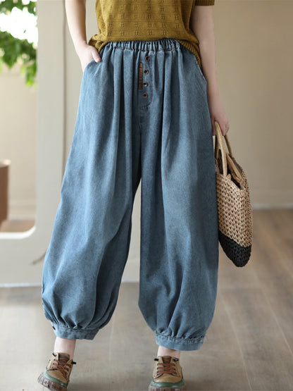 xakxx Harem Pants Loose Buttoned Elasticity Jean Pants Bottoms