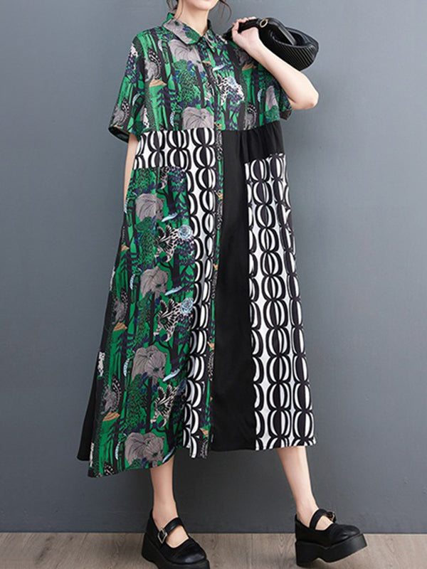 xakxx Short Sleeves Loose Printed Split-Joint Lapel Midi Dresses Shirt Dress