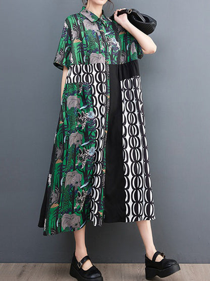 xakxx Short Sleeves Loose Printed Split-Joint Lapel Midi Dresses Shirt Dress