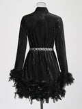 xakxx A-Line Long Sleeves Chains Feathers Solid Color Velvet Stand Collar Mini Dresses