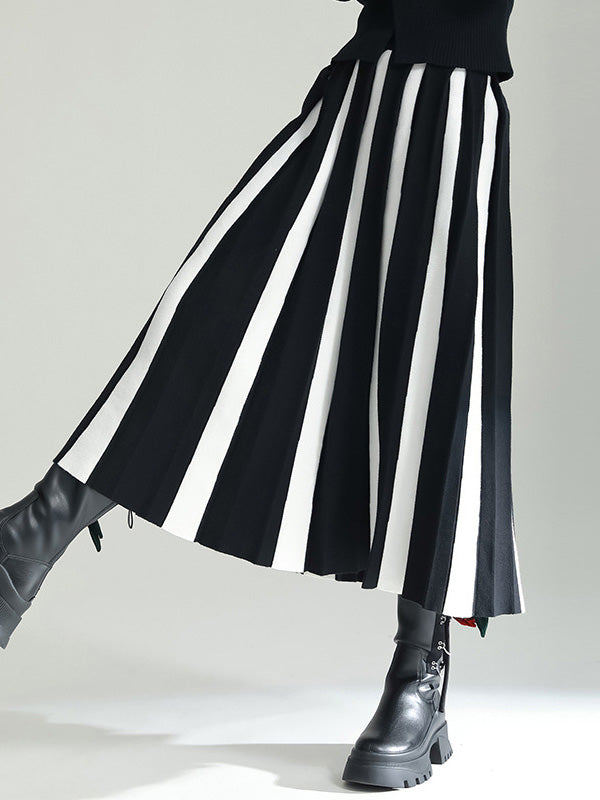 xakxx Original Creation Loose A-Line Contrast Color Striped Skirts Bottoms