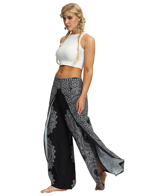 xakxx Ethnic Printed Split-Joint Loose Casual Wide-Leg Yoga Pants