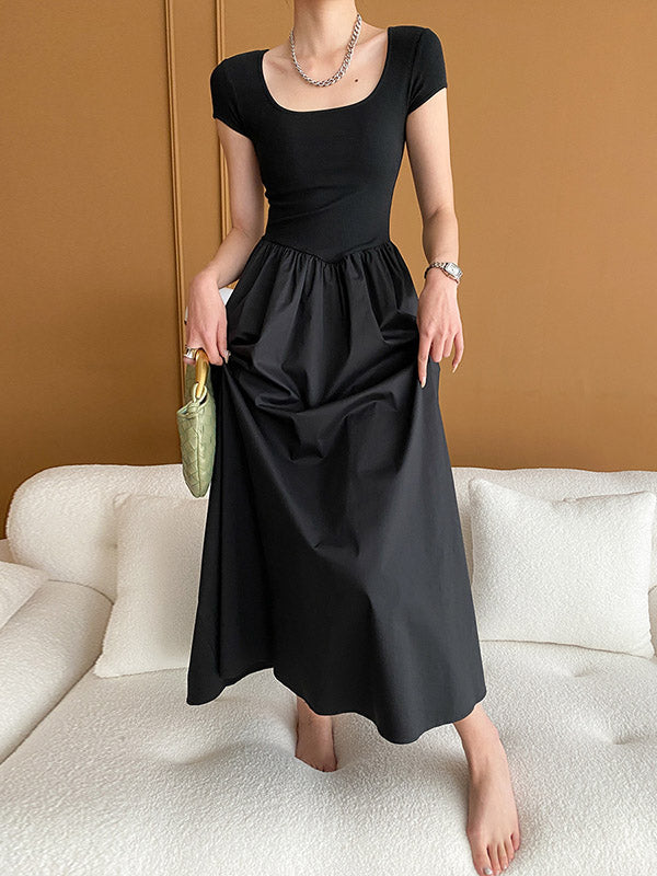 xakxx A-Line High Waisted Pleated Solid Color Square-Neck Midi Dresses