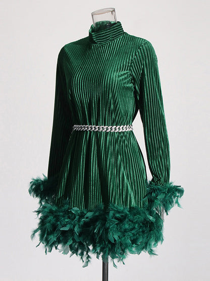 xakxx A-Line Long Sleeves Chains Feathers Solid Color Velvet Stand Collar Mini Dresses