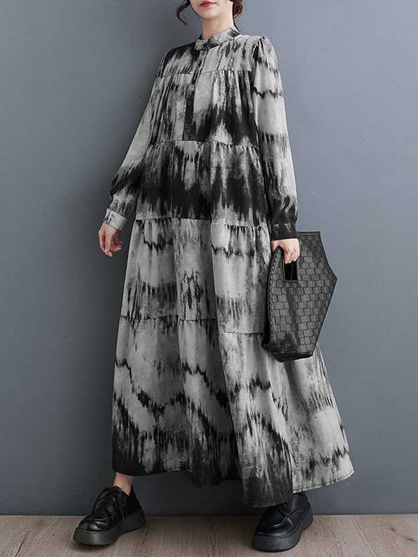 xakxx A-Line Long Sleeves Pleated Printed Split-Joint Stand Collar Midi Dresses