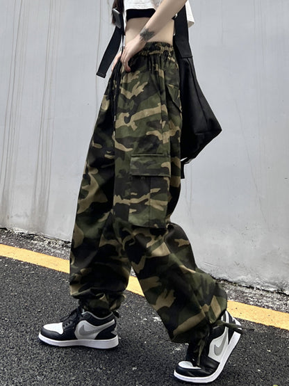 xakxx Hip-Hop Wide Leg Drawstring Camouflage  Pants