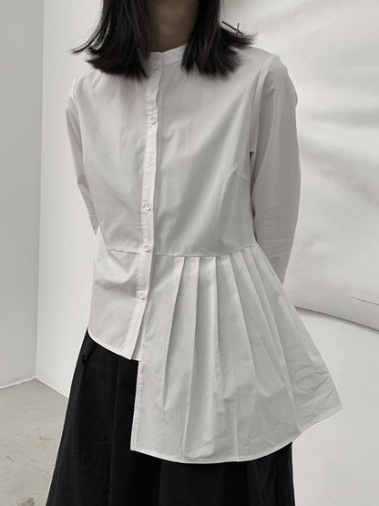 xakxx Long Sleeves Asymmetric Buttoned Pleated Solid Color Round-Neck Blouses&Shirts Tops