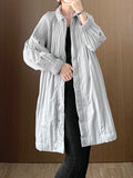 xakxx Long Sleeves Loose Pleated Quilted Solid Color Zipper Asymmetric Collar Padded Coat