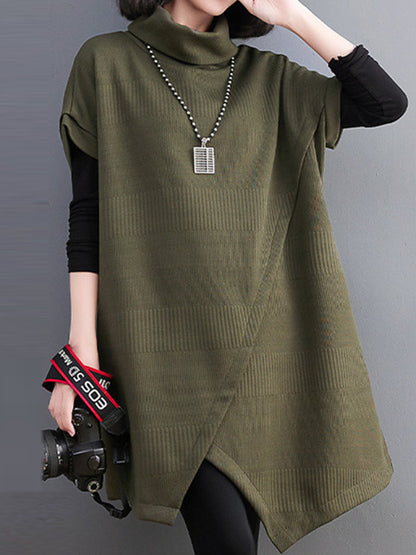 xakxx Short Sleeves Asymmetric Solid Color Split-Front High-Neck Knitwear Mini Dresses