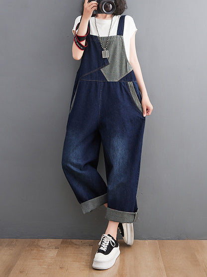 xakxx Casual Denim Contrast Color Split-Joint Overalls