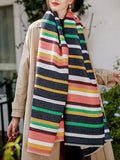 xakxx Contrast Color Fringed Keep Warm Multi-Colored Striped Shawl&Scarf