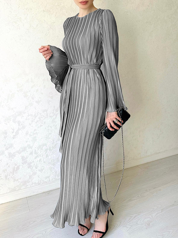 xakxx Flared Sleeves Long Sleeves Pleated Ruffled Solid Color Round-Neck Maxi Dresses