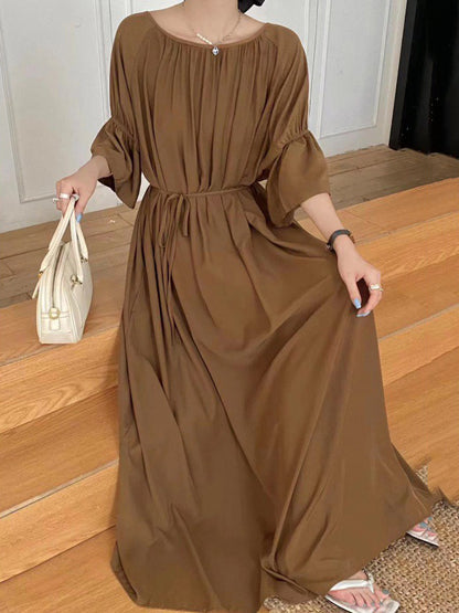 xakxx Half Sleeves Loose Solid Color Round-Neck Midi Dresses