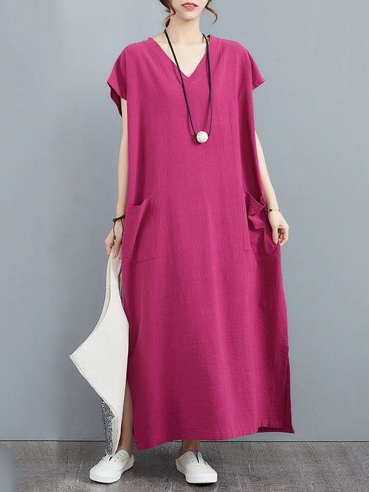 xakxx Simple Ramie Cotton Solid Color Split-Side With Pocket V-Neck Short Sleeves Maxi Dress