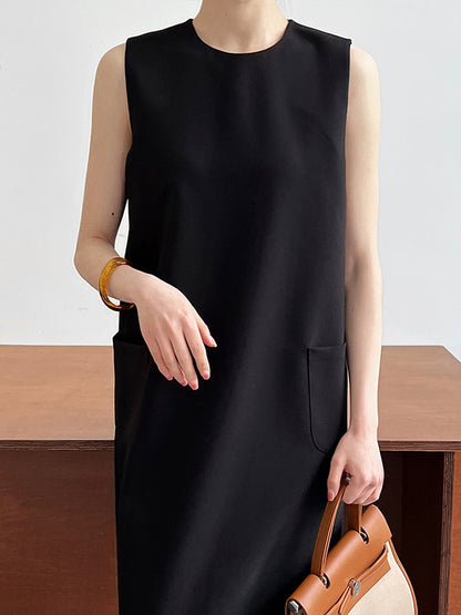 xakxx Loose Sleeveless Solid Color Round-Neck Midi Dresses