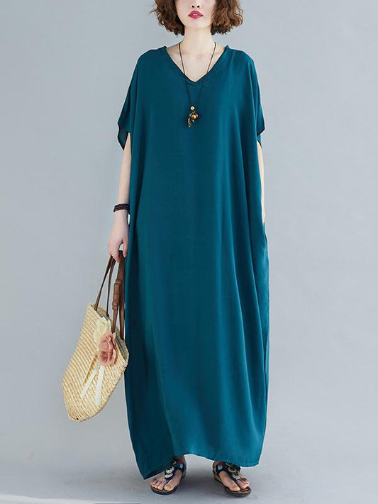 xakxx 9 Colors Loose Solid Color V-Neck Maxi Dress