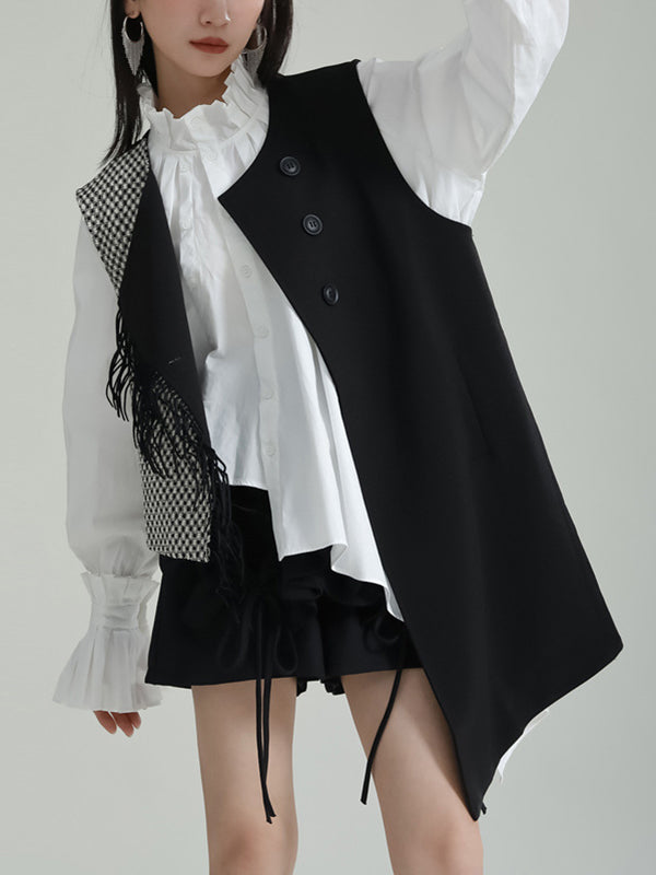 xakxx Ruffle Sleeves Sleeveless Asymmetric Buttoned Houndstooth Vest Outerwear