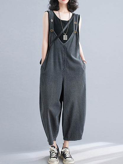 xakxx Cropped Loose Denim Buttoned Overalls