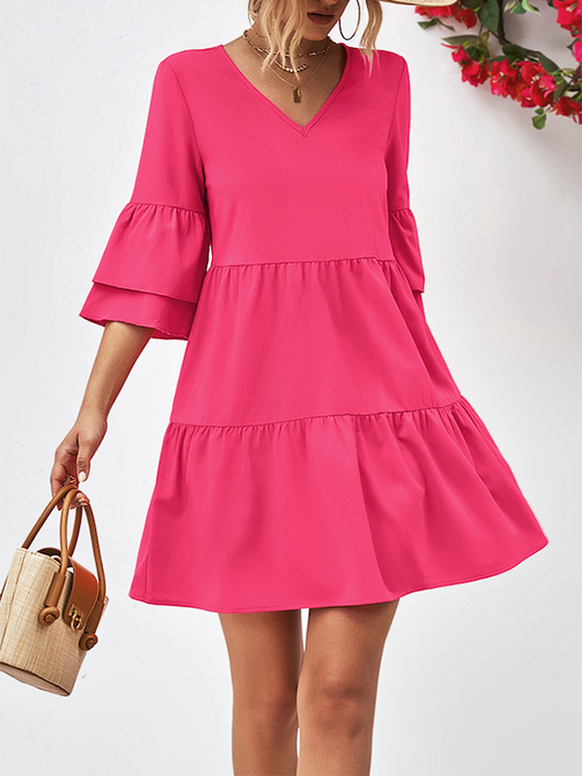 xakxx Flared Sleeves Half Sleeves Solid Color V-Neck Mini Dresses