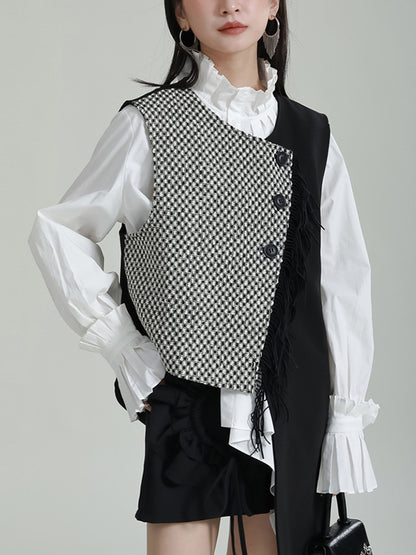 xakxx Ruffle Sleeves Sleeveless Asymmetric Buttoned Houndstooth Vest Outerwear