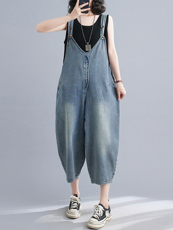 xakxx Cropped Loose Denim Buttoned Overalls