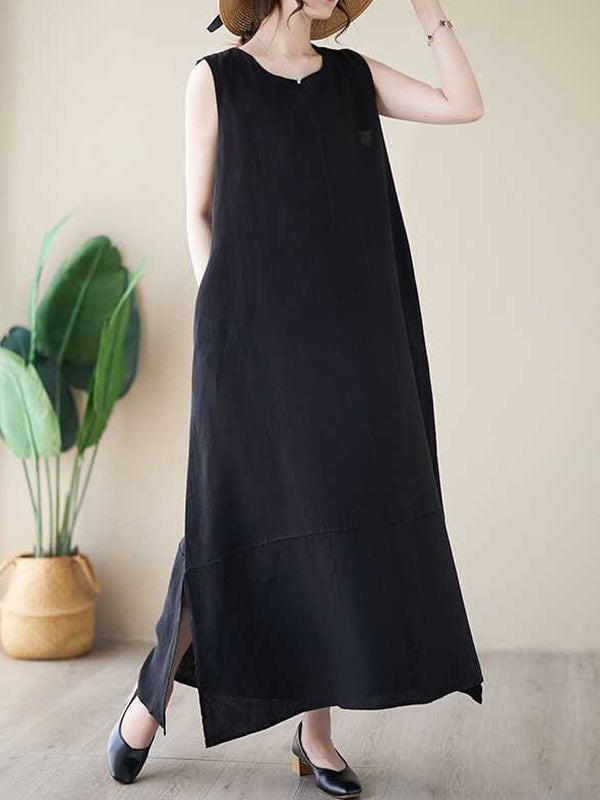 xakxx A-Line Loose Solid Color Round-Neck Midi Dresses