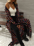 xakxx Long Sleeves Loose Plaid Tasseled Collarless Cardigan Tops