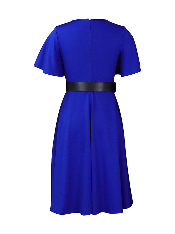 xakxx Irregular Clipping Plus Size Belted Solid Color Round-Neck Midi Dresses