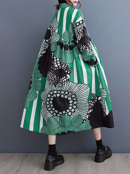 xakxx A-Line Long Sleeves Asymmetric Buttoned Printed Split-Joint Lapel Midi Dresses Shirt Dress