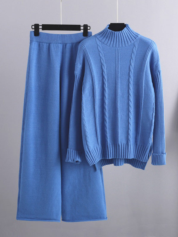 xakxx Loose Long Sleeves Split-Side Solid High-Low Half Turtleneck Sweater Tops & Wide Leg Pants Two Pieces Set