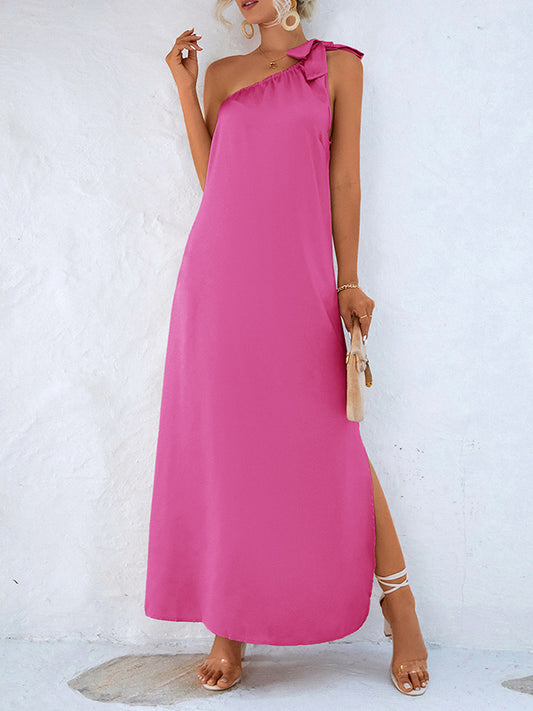 xakxx Loose Sleeveless Solid Color One-Shoulder Maxi Dresses