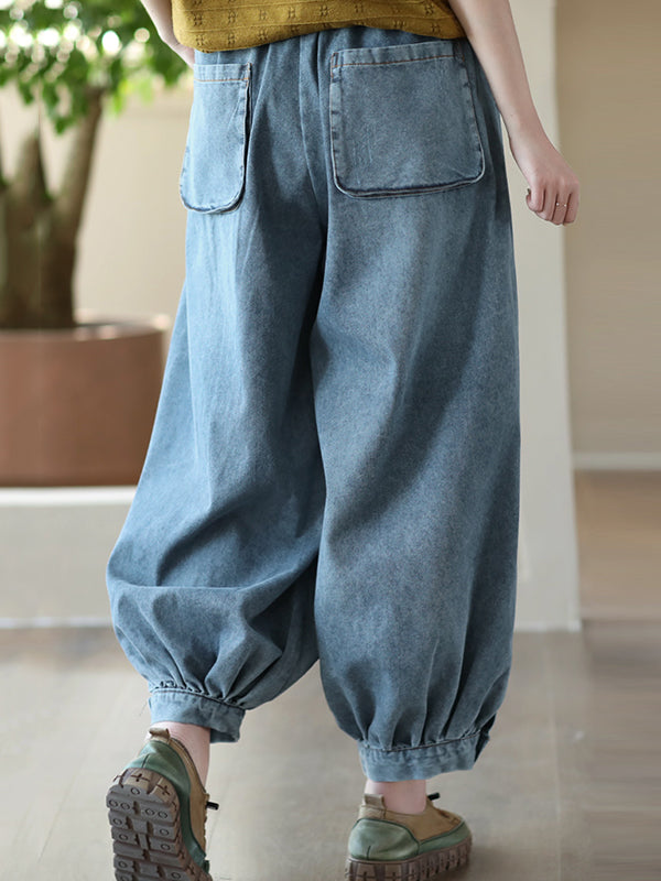 xakxx Harem Pants Loose Buttoned Elasticity Jean Pants Bottoms