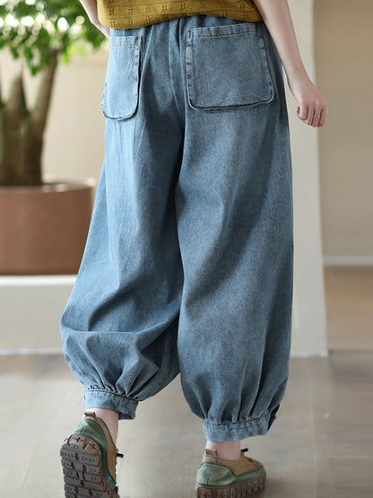 xakxx Harem Pants Loose Buttoned Elasticity Jean Pants Bottoms