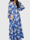 xakxx High Waisted Long Sleeves Flower Print Pleated Ruffled V-Neck Maxi Dresses