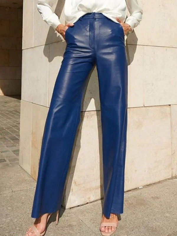 xakxx Skinny Leg Straight Leg High-Waisted Solid Color Split-Joint PU Pants Trousers