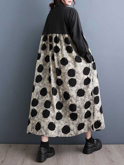 xakxx A-Line Long Sleeves Asymmetric Buttoned Polka-Dot Split-Joint Lapel Midi Dresses Shirt Dress