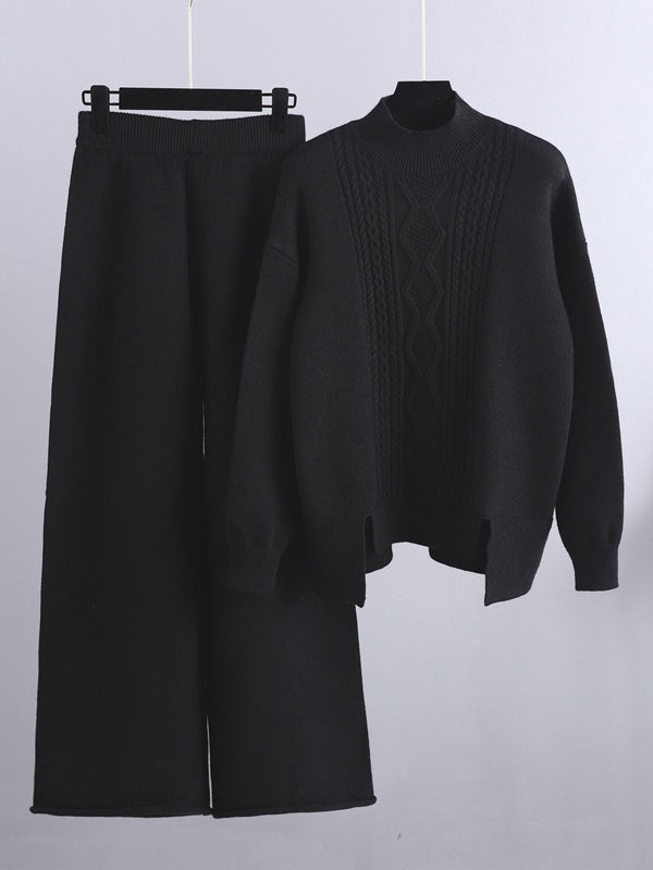 xakxx Urban Loose Split-Side Half Turtleneck Sweater Tops& Wide Leg Pants Two Pieces Set