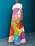 xakxx Loose Short Sleeves Contrast Color Figure High-Neck Maxi Dresses