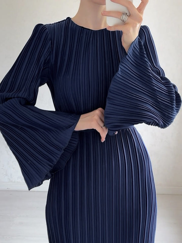 xakxx Flared Sleeves Long Sleeves Pleated Ruffled Solid Color Round-Neck Maxi Dresses