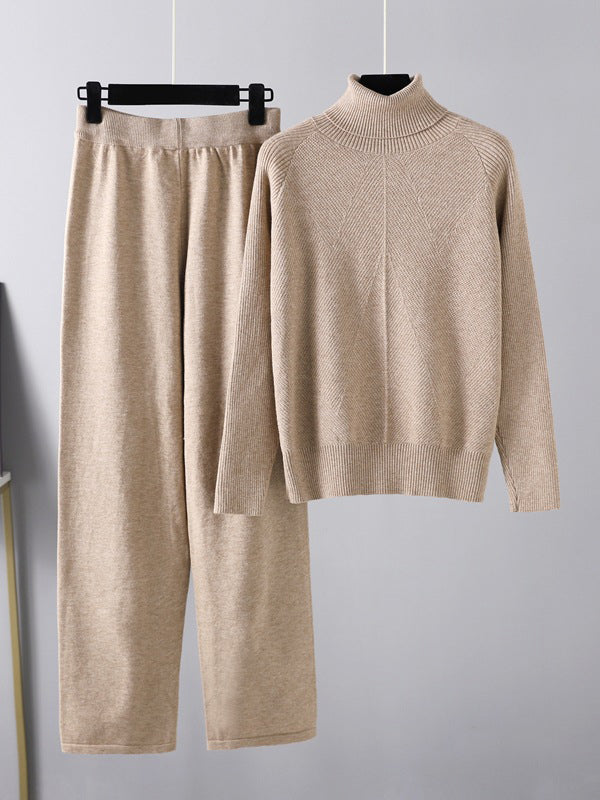 xakxx Urban Long Sleeves Loose Solid Half Turtleneck Sweater Tops & Wide Leg Pants Two Pieces Set