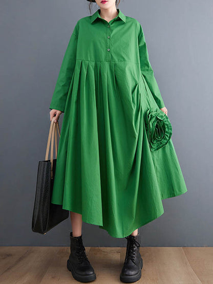 xakxx Urban Floral Applique Pleated Long Sleeves Shirt Dress Midi Dress