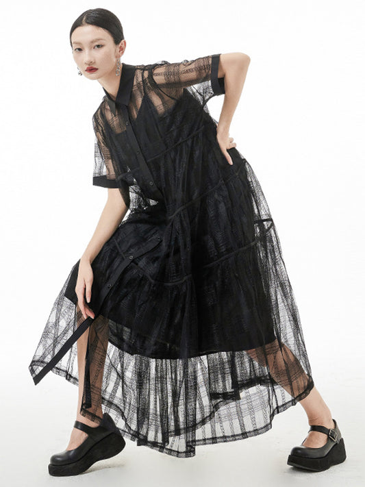 xakxx Original Solid Color Hollow See-Through Thin Midi Dress