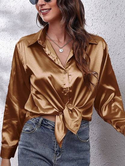 xakxx Long Sleeves Loose Solid Color Lapel Blouses&Shirts Tops