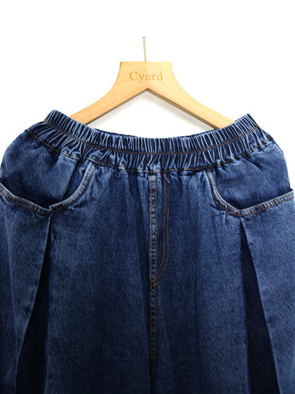 xakxx Loose Wide Leg Elasticity Fringed Pleated Jean Pants Bottoms