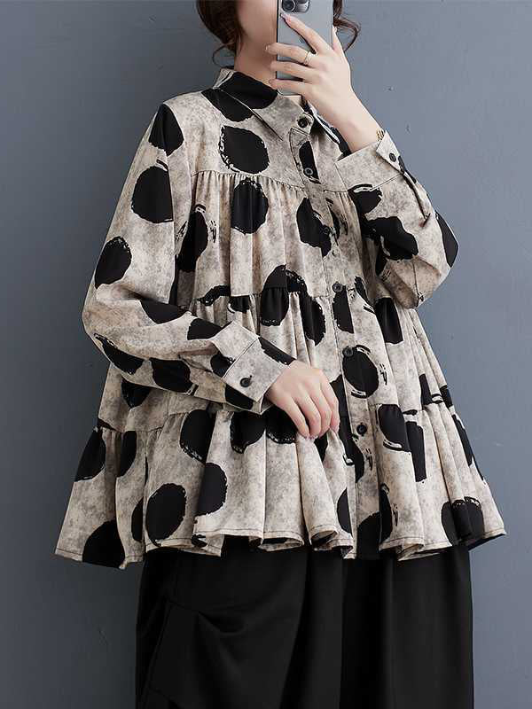 xakxx Long Sleeves Loose Pleated Polka-Dot Split-Joint Lapel Blouses