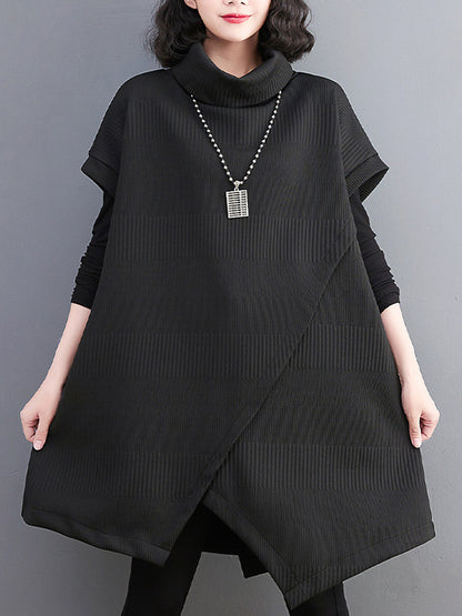 xakxx Short Sleeves Asymmetric Solid Color Split-Front High-Neck Knitwear Mini Dresses