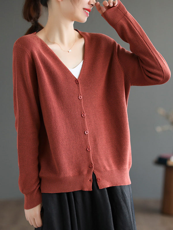 xakxx Long Sleeves Loose Solid Color V-Neck Cardigan Tops